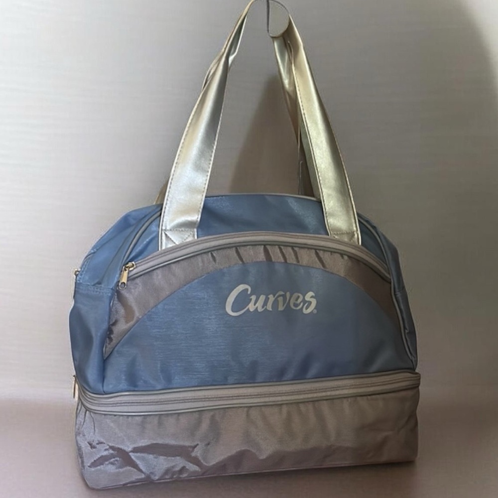 Y2K Curves Silver Blue Metallic Gym Duffle Bag Retro 90s Athleisure